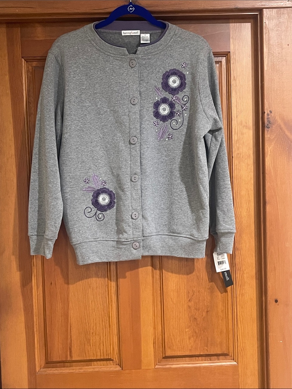 NWT- Hasting and Smith Gray Button-Up Cardigan with Purple Floral Embroidery